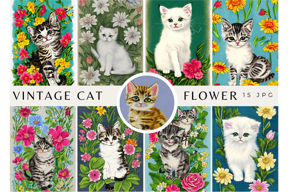 Download Vintage Watercolor Cat with Flowers Rose - Vintage watercolor Collection