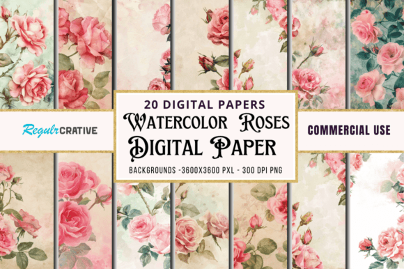 Download Vintage Watercolor Roses Digital Paper - Vintage watercolor Collection
